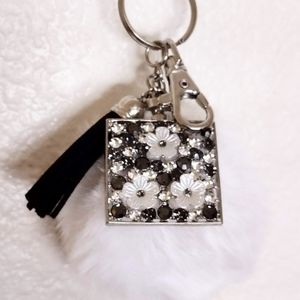 White Pom Pom Bag Charm-Keychain w/Perfume Bottle Charm & Black Tassel